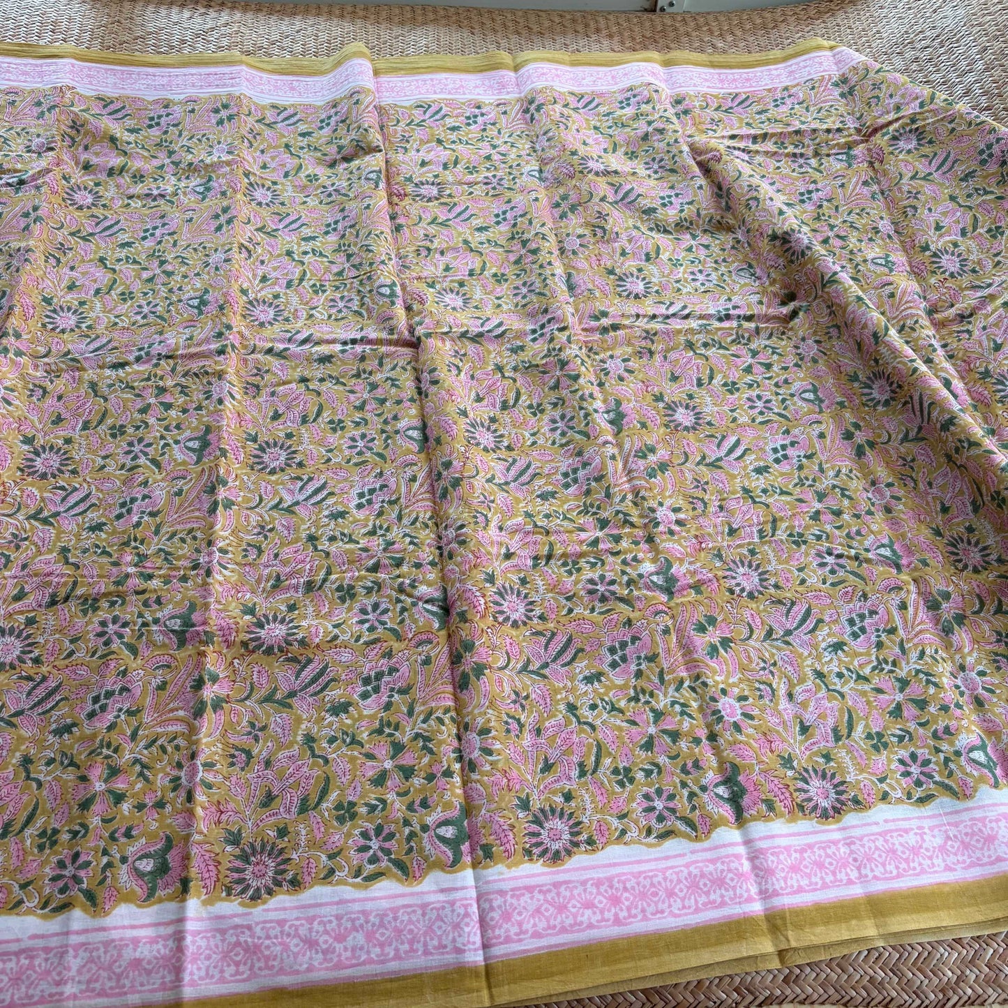 Mul Mul Cotton saree, Hand Block Printed, Mustard
