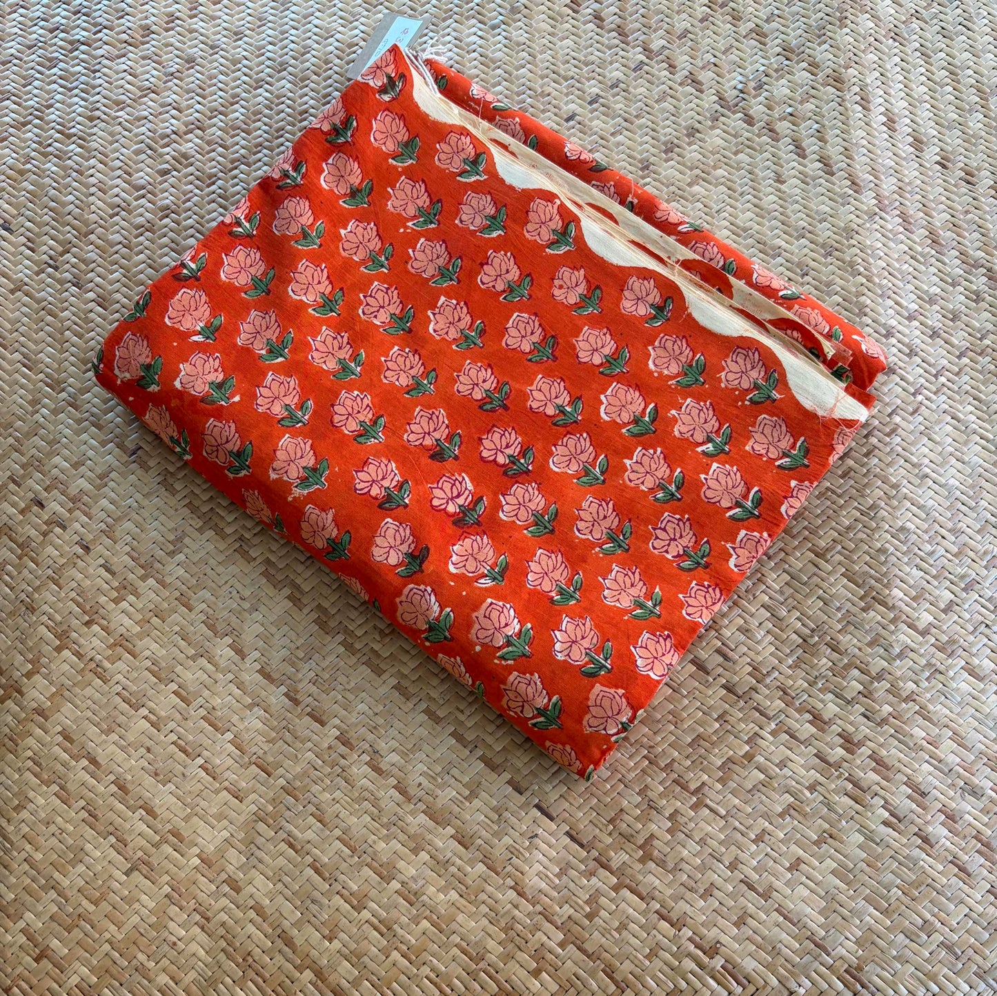 Hand Block Printed Sanganeri Cotton Running Fabric, Orange