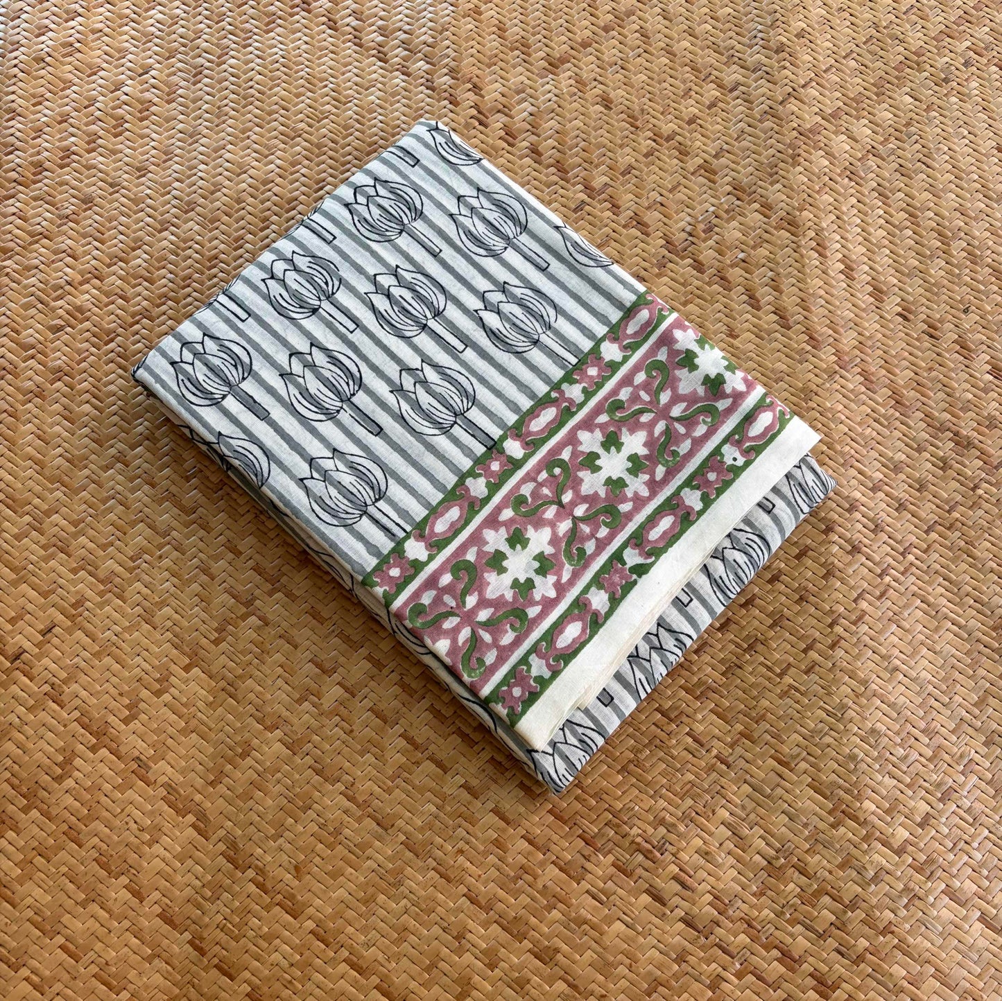 Mul Mul Cotton saree, Hand Block Printed, White