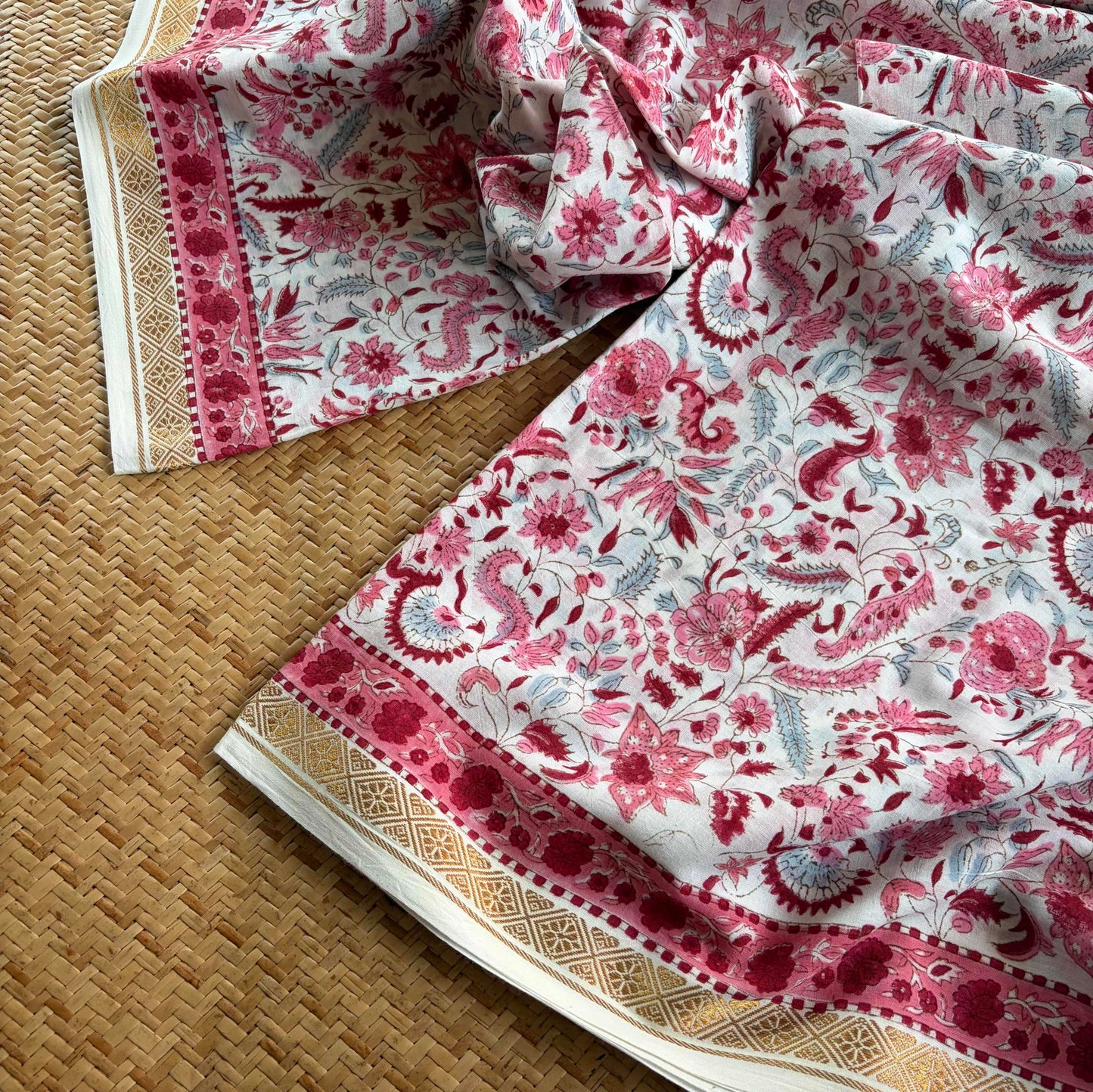 White, Jaipur Hand Block Printed On Madurai Cotton Saree With Zari