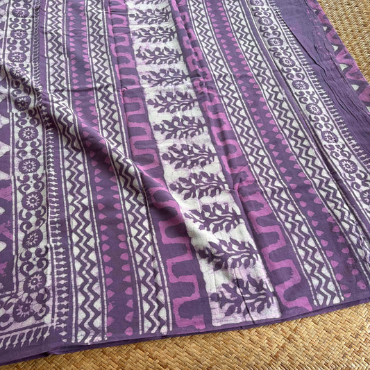 Mul Mul Cotton saree, Hand Block Printed, Purple