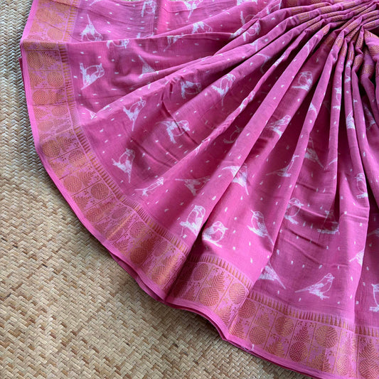 Pink , Hand Crafted Nui Shibori Sungudi Cotton Saree