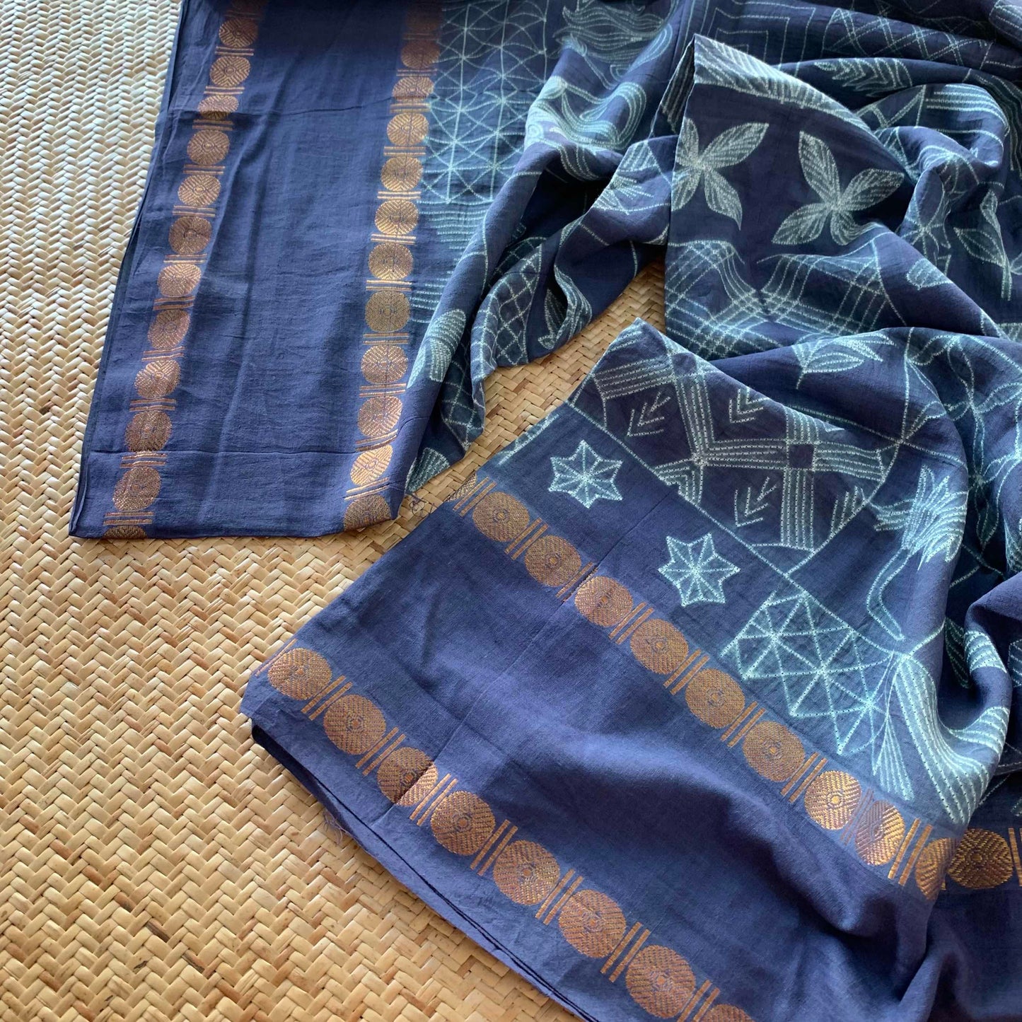 Frames - Denim Blue, Hand Crafted Shibori Sungudi Cotton Saree