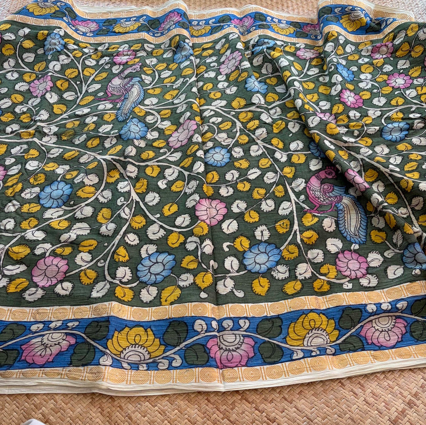 Green Kalamkari Hand Painted on Cotton Sungudi Saree With Blouse