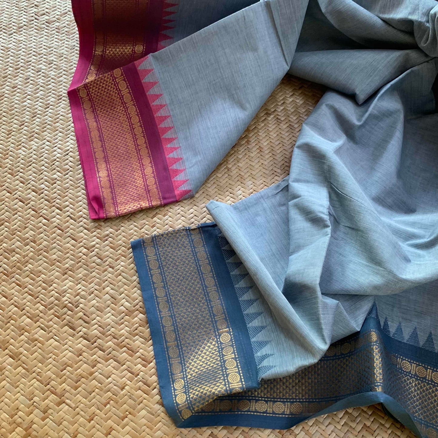 Ice Blue Saree Pink Ganga Jamuna Border, Chettinad cotton saree