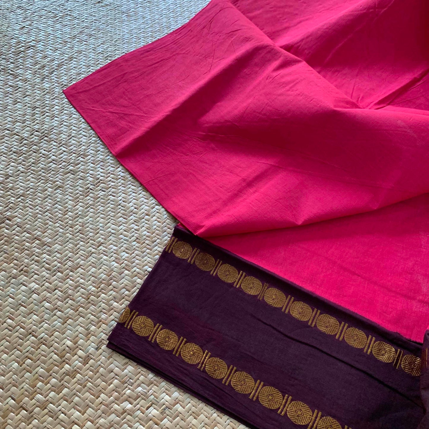 Pink Saree Brown Border, Zari Rudraksham Rettai Pettu Border , Clamp dyed (Kattu sayam).