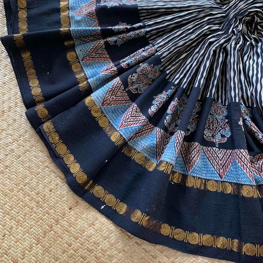 Black waves, Ajrak Hand Block Printed On Madurai Cotton Saree With Zari