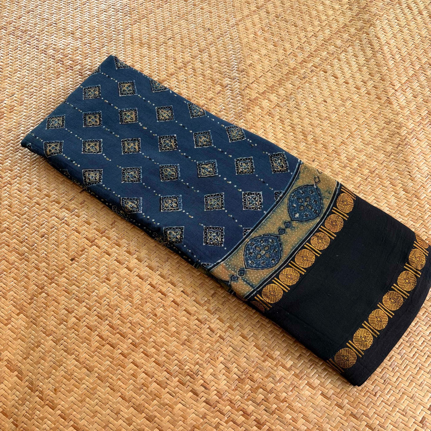 Diamond Indigo, Ajrak Hand Block Printed On Madurai Cotton Saree With Zari