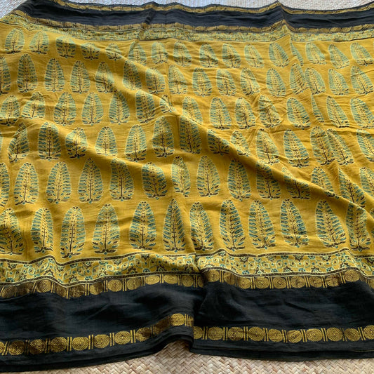 Mustard With Black , Ajrak Hand Block Printed On Madurai Cotton Saree With Zari