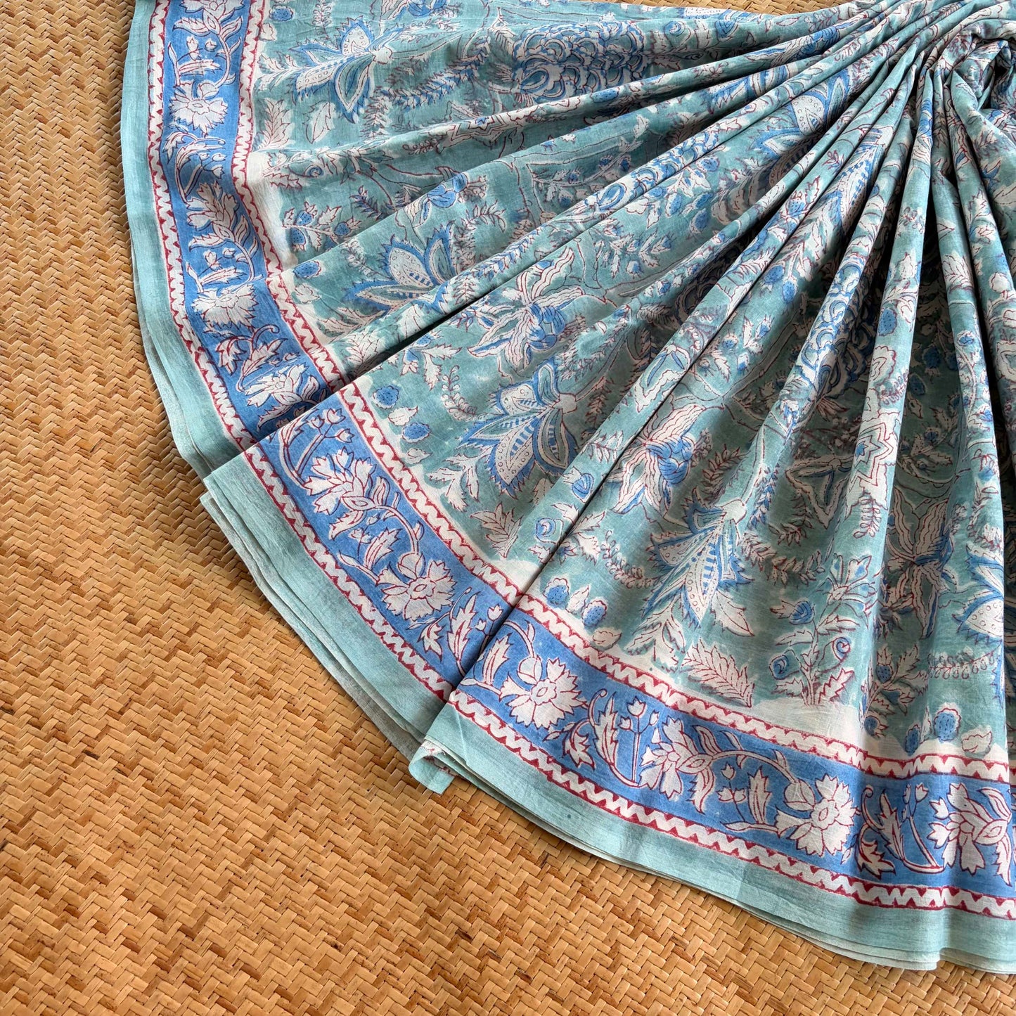 Mul Mul Cotton saree, Hand Block Printed, Blue