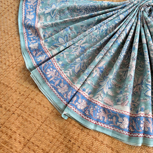 Mul Mul Cotton saree, Hand Block Printed, Blue