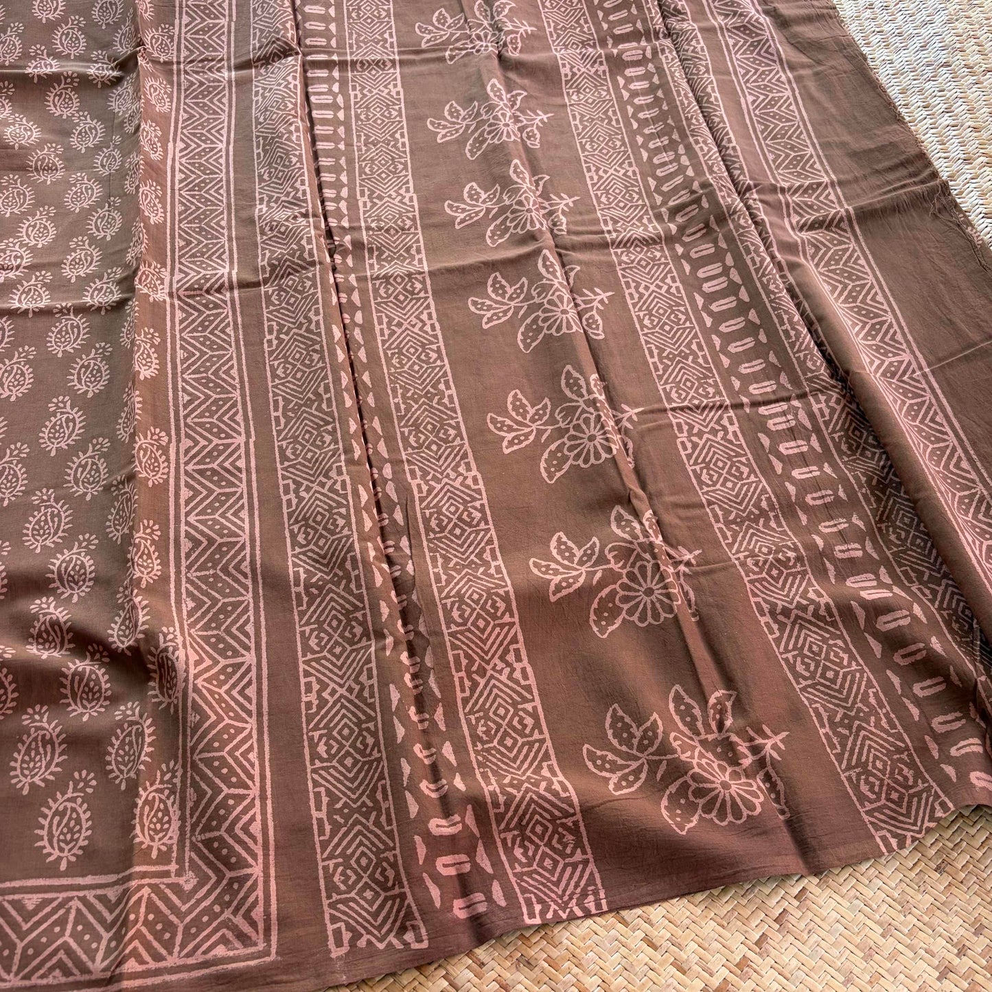 Mul Mul Cotton saree, Hand Block Printed, Brown