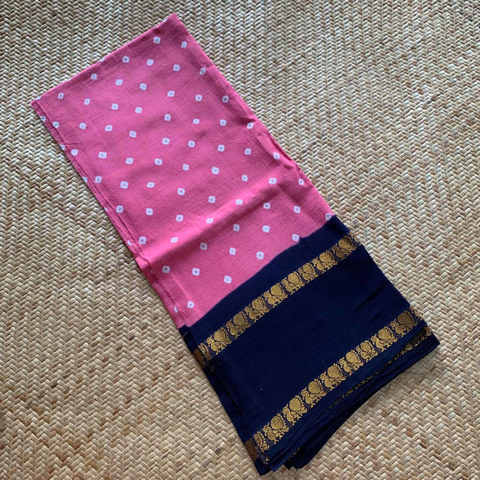 Pink With Blue Border, Hand knotted Sungudi Fabric