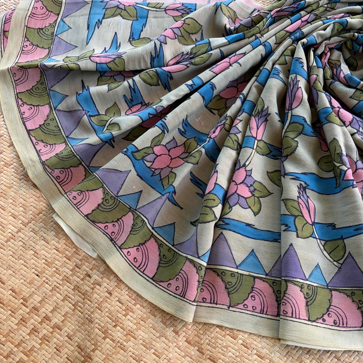 Multicoloured Kalamkari Hand Painted on Crape silk
