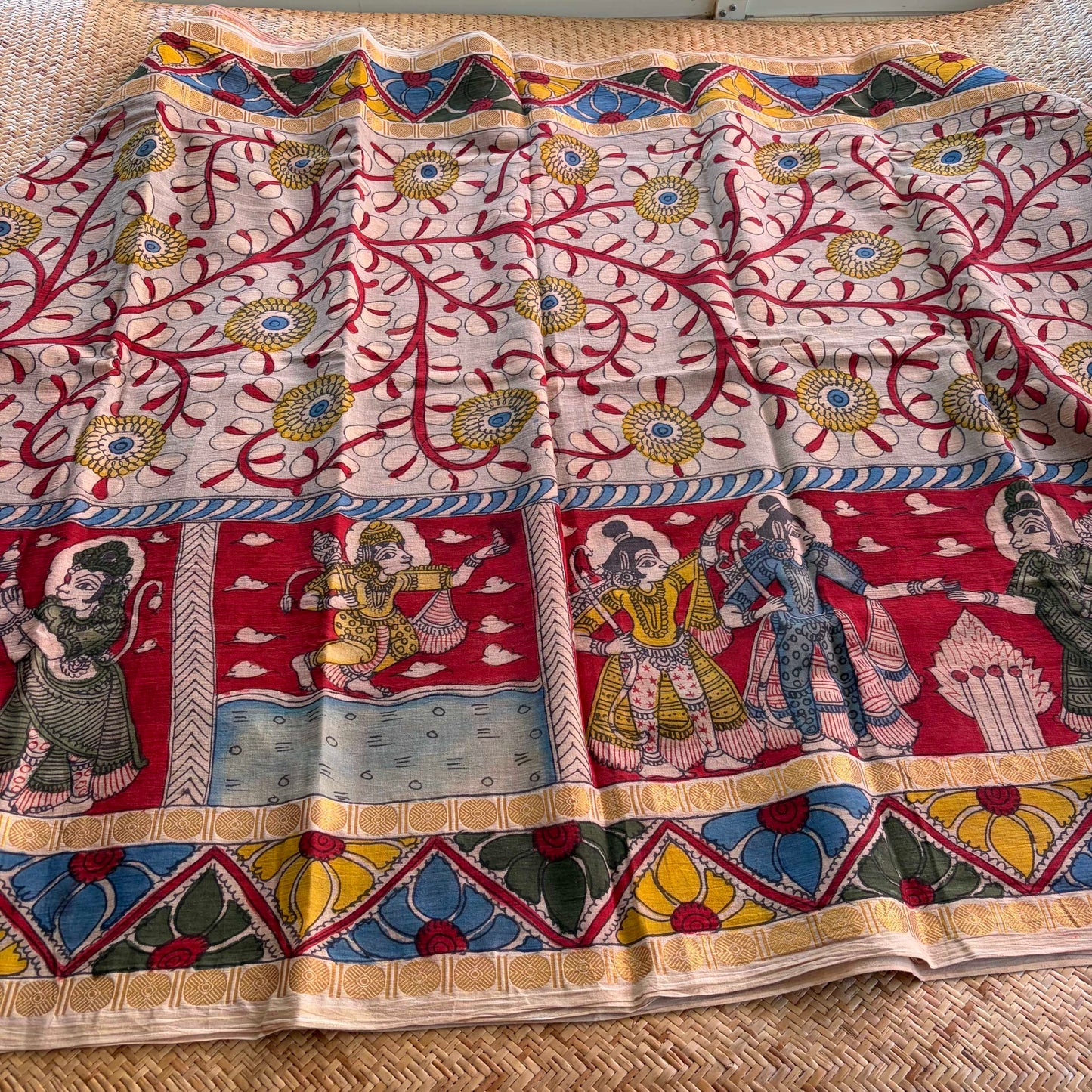 Ramayana Kalamkari Hand Painted on Cotton Sungudi Saree With Blouse