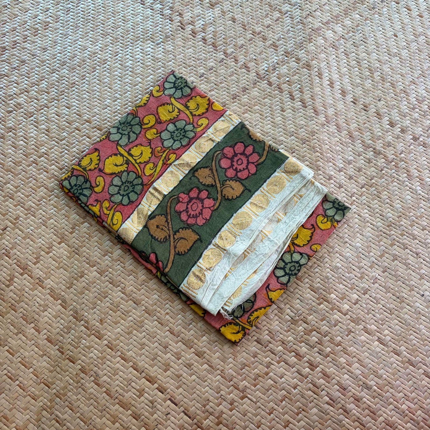 Peach Floral, Kalamkari Hand Painted on a Madurai Sungudi Cotton 1.20 METER FABRIC