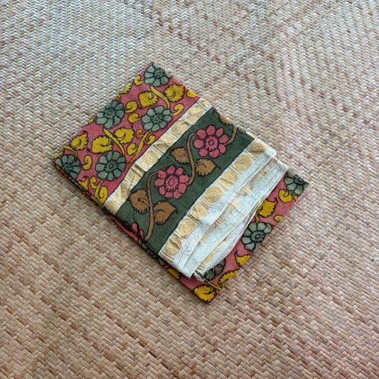 Peach Floral, Kalamkari Hand Painted on a Madurai Sungudi Cotton 1.20 METER FABRIC