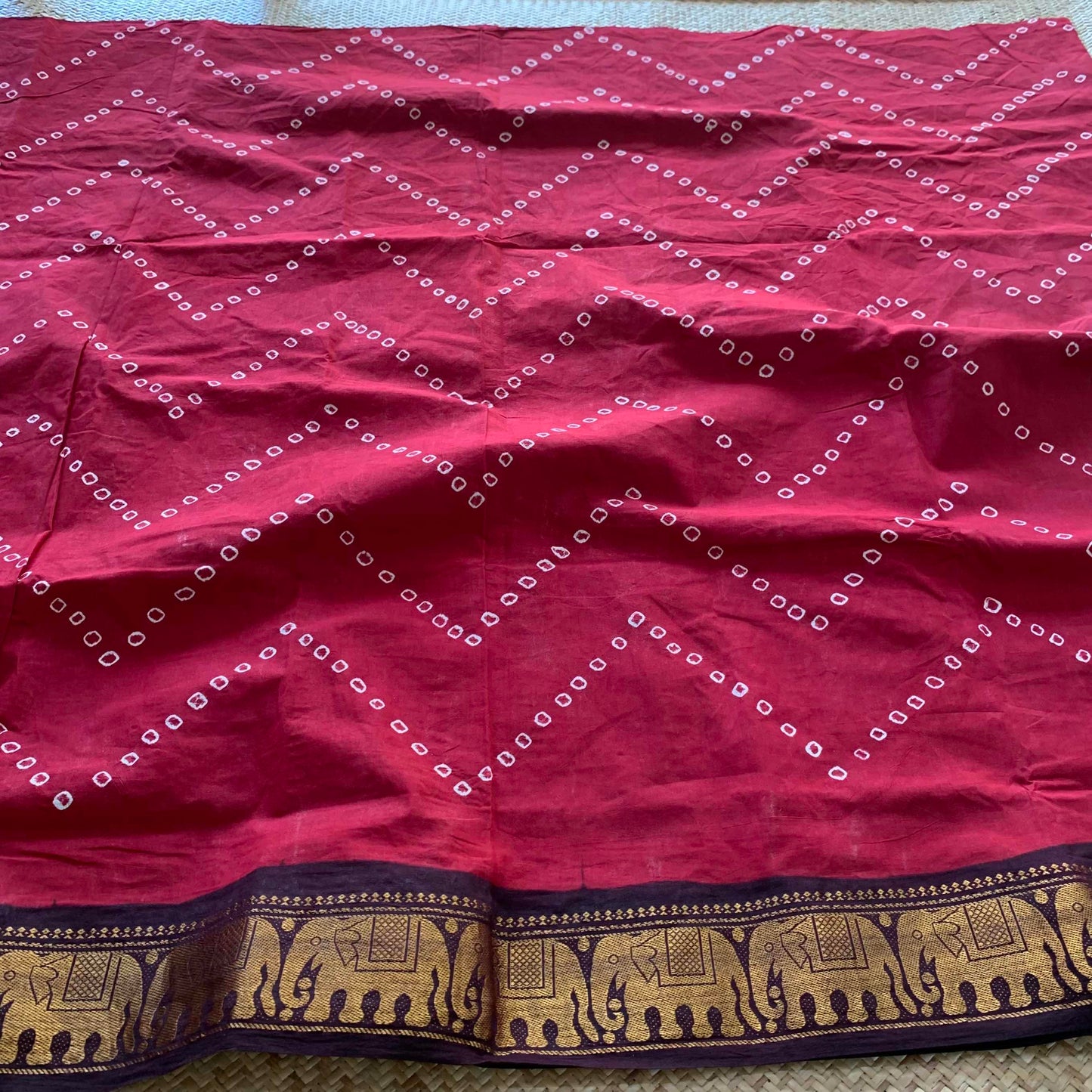 Red And Brown, Hand knotted Sungudi , Kaikattu Cotton Sungadi