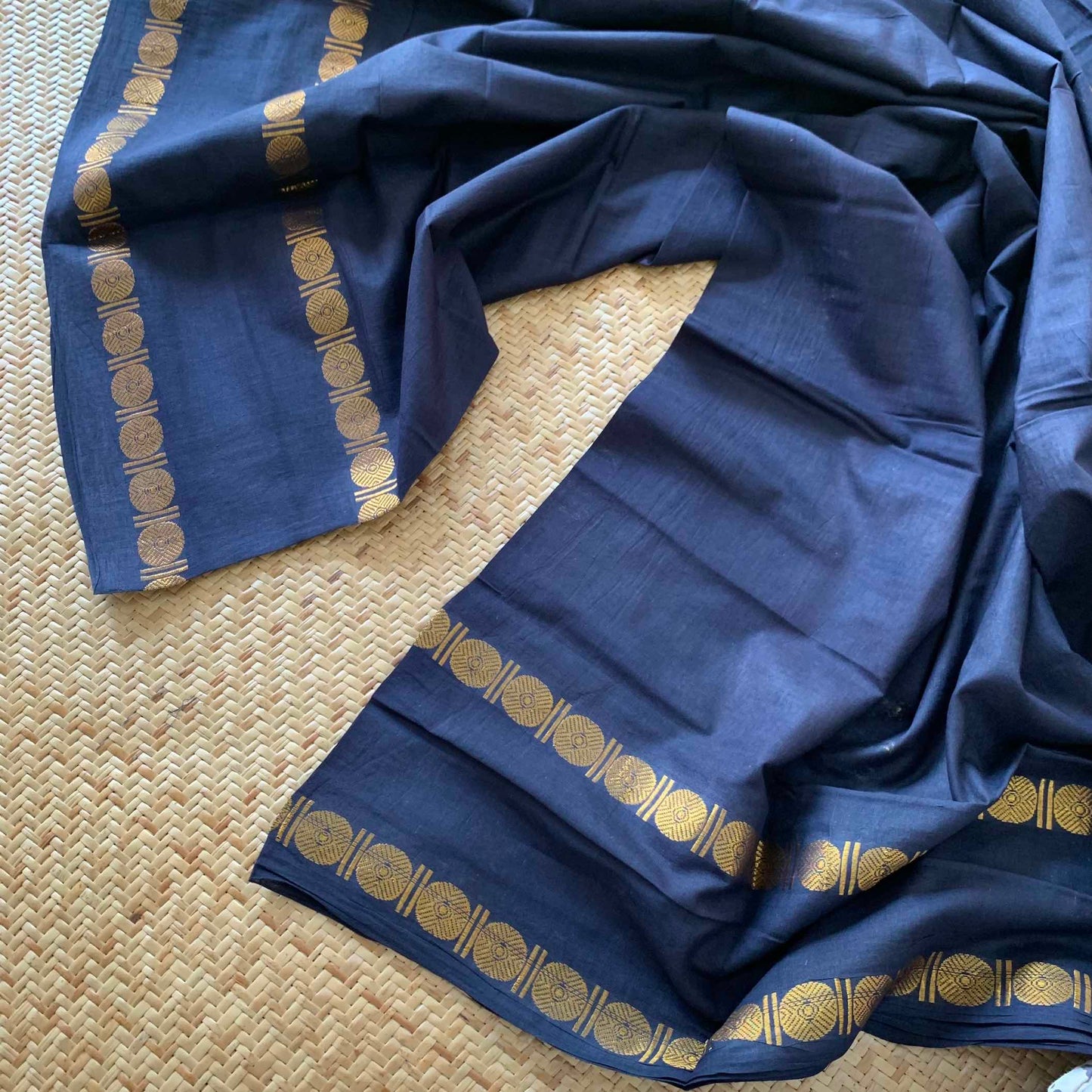 Black Saree With Ajrak Blouse , Zari Rudraksham Rettai Pettu Border , Clamp dyed (Kattu sayam).