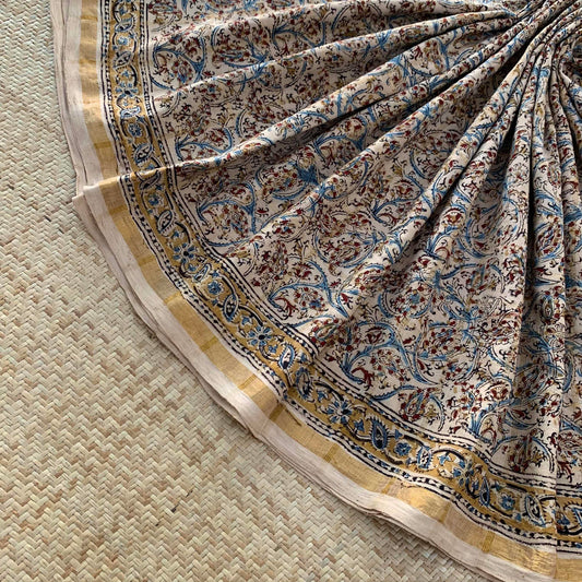 Beige, Kalamkari Hand Block Printed On Madurai Cotton Saree With Zari
