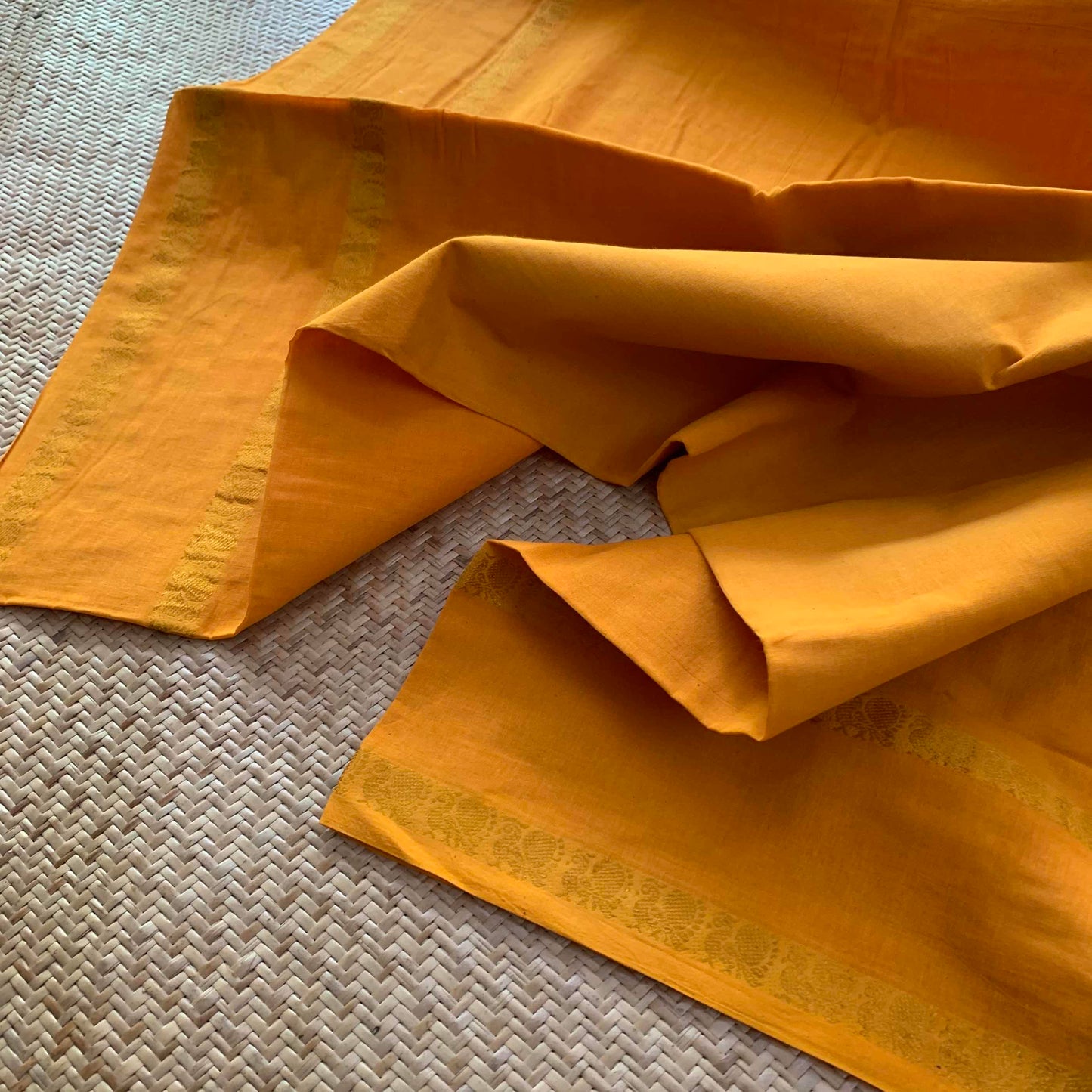 Yellow Saree , Zari Annam Rettai Pettu Border , Clamp dyed (Kattu sayam).