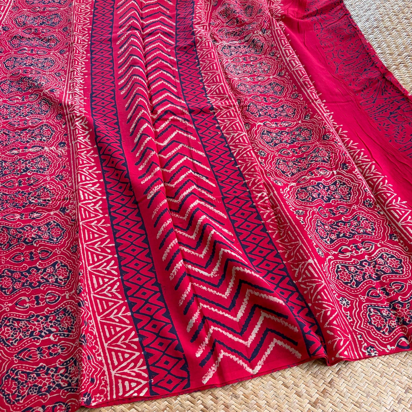 Mul Mul Cotton saree, Hand Block Printed, Red