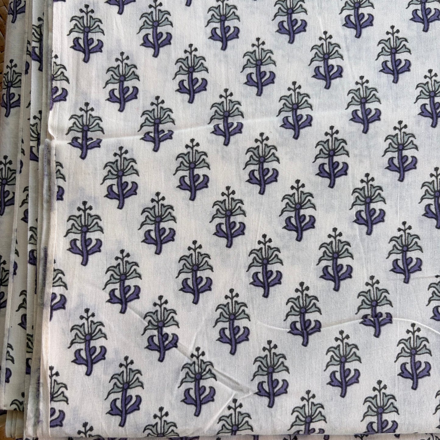 Hand Block Printed Sanganeri Cotton Running Fabric, White