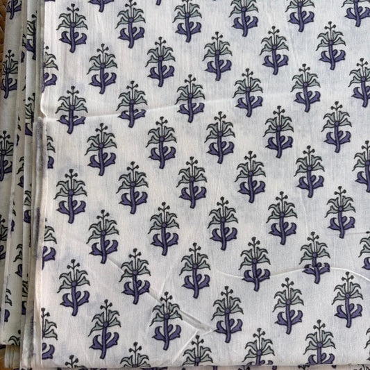 Hand Block Printed Sanganeri Cotton Running Fabric, White