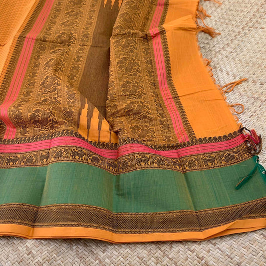 Kanchipuram Cotton Saree, Handwoven Mustard Saree with Green Border and Grand Pallu