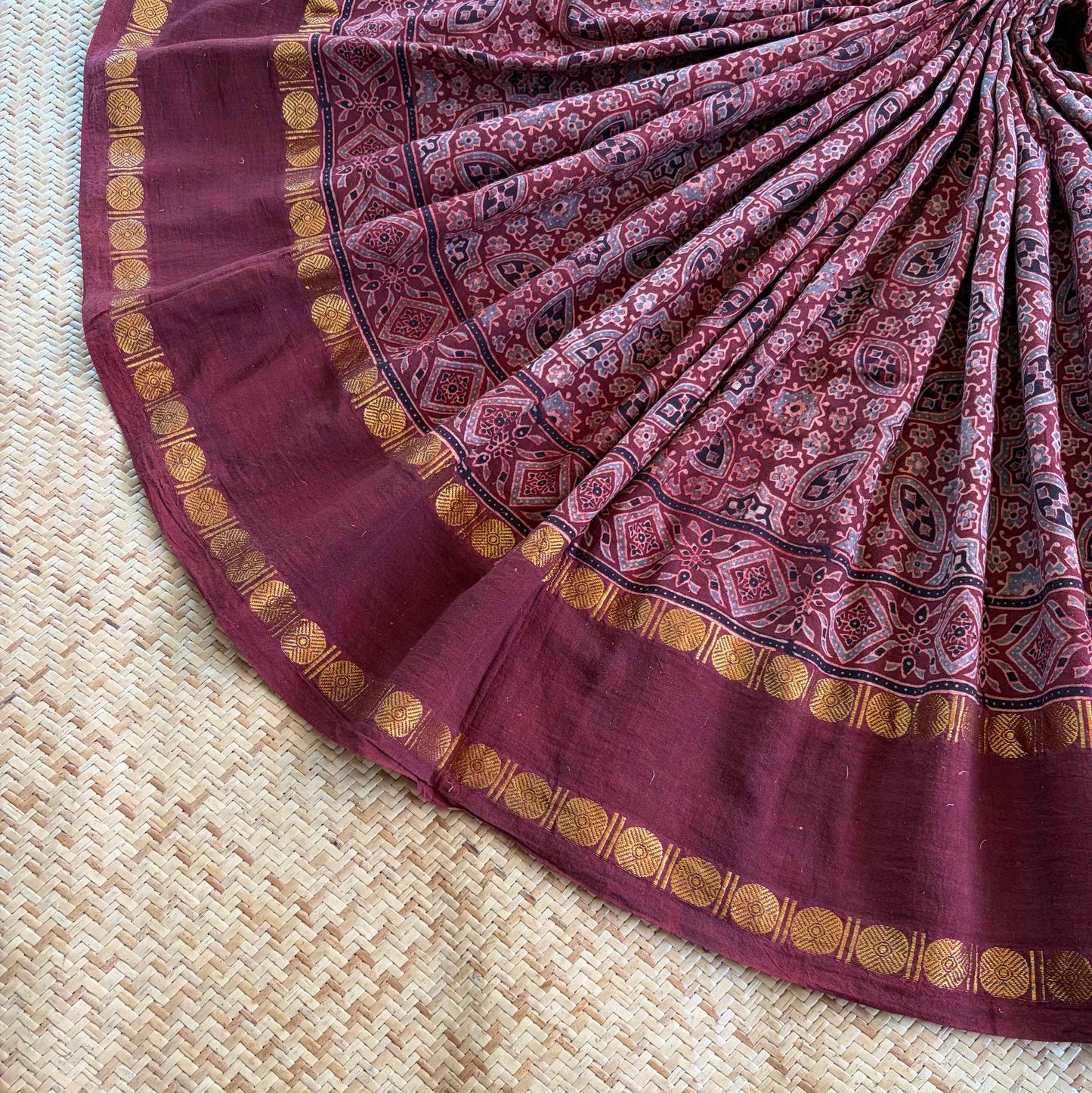Araku, Ajrak Hand Block Printed On Madurai Cotton Saree With Zari
