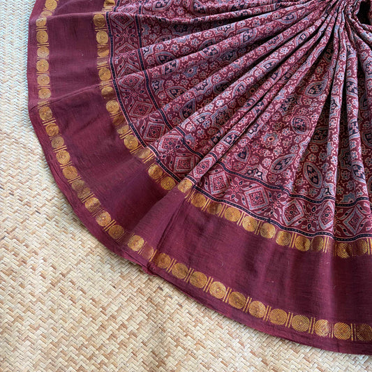 Araku, Ajrak Hand Block Printed On Madurai Cotton Saree With Zari