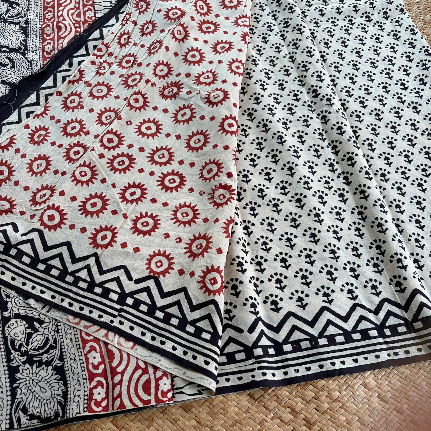 Mul Mul Cotton saree, Hand Block Printed, Cream