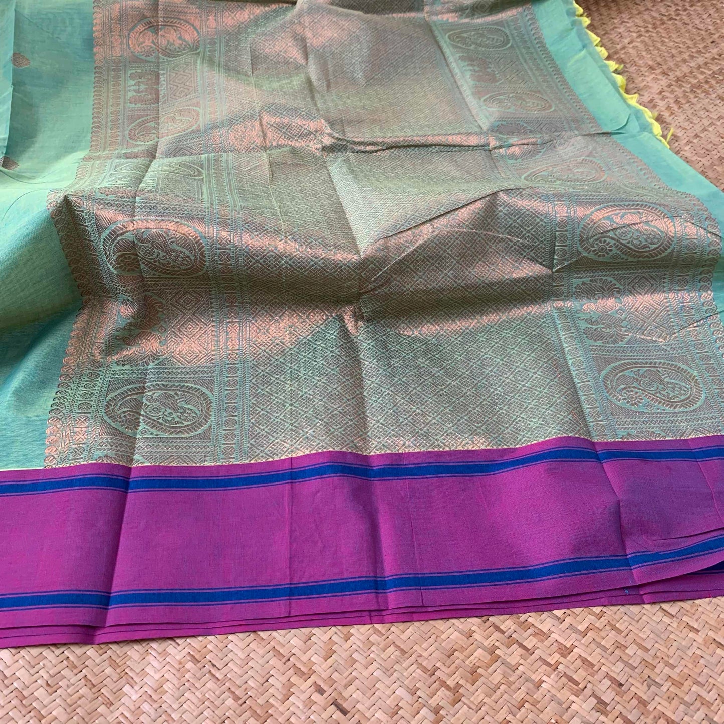Aqua Blue Double Tone Saree With Purple Border Grand Pallu, Yazhi Chakkaram Butta, Kanchipuram Cotton Saree