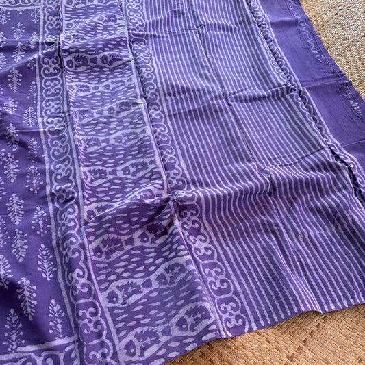 Mul Mul Cotton saree, Hand Block Printed, Purple