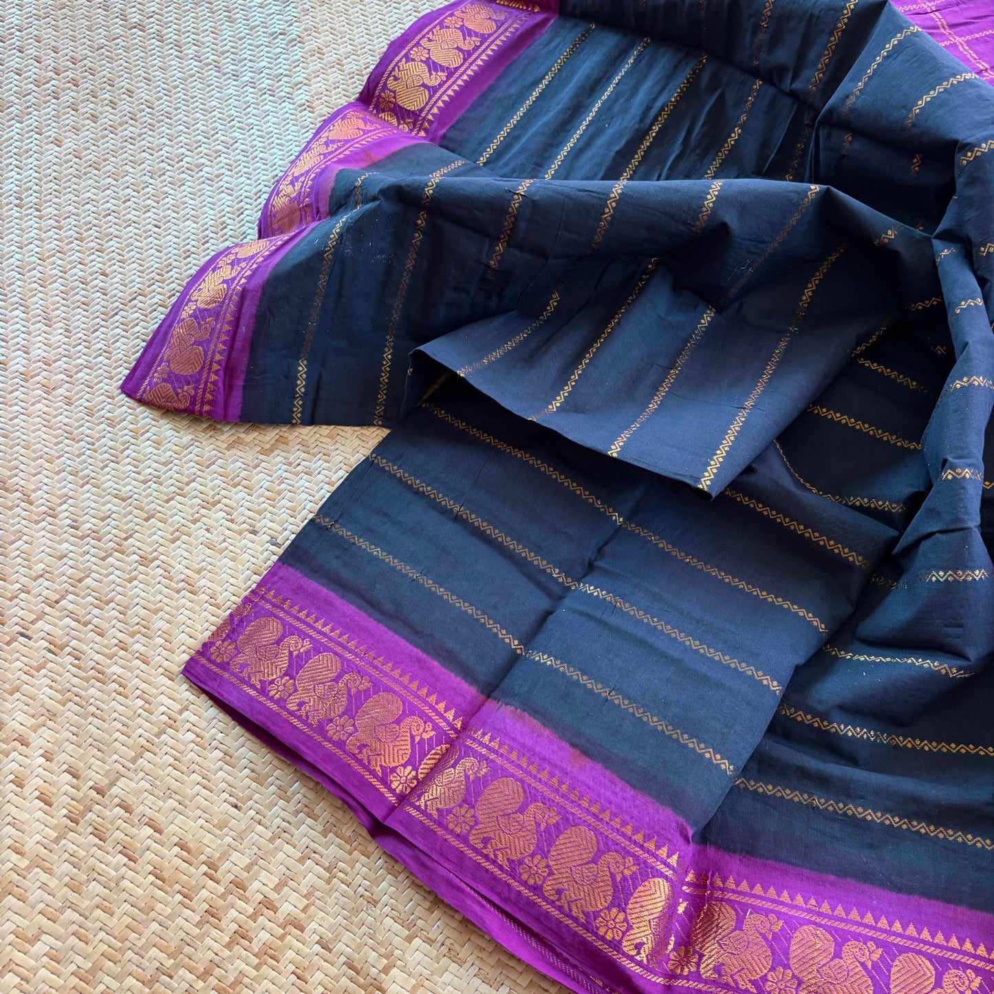 Black saree with Purple Border, Zari Velthari Madurai Sungadi Saree with blouse