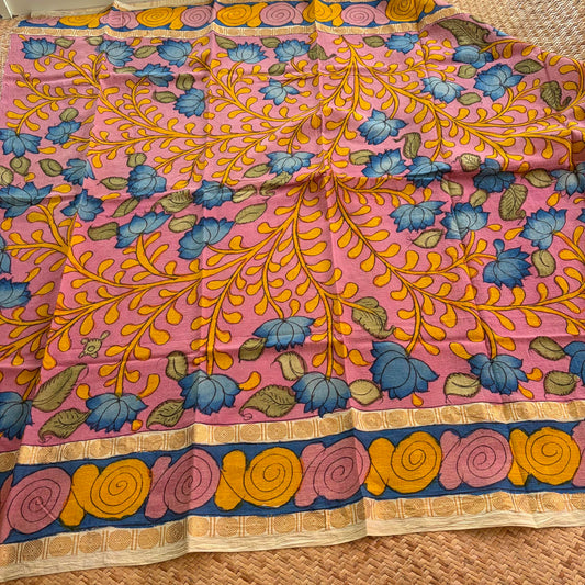 Pink Floral, Kalamkari Hand Painted on a Madurai Sungudi Cotton 1.20 METER FABRIC