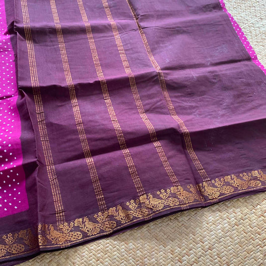 Purple With Brown Wax Print, Half Fine Zari Premium Sungudi Cotton Sarees