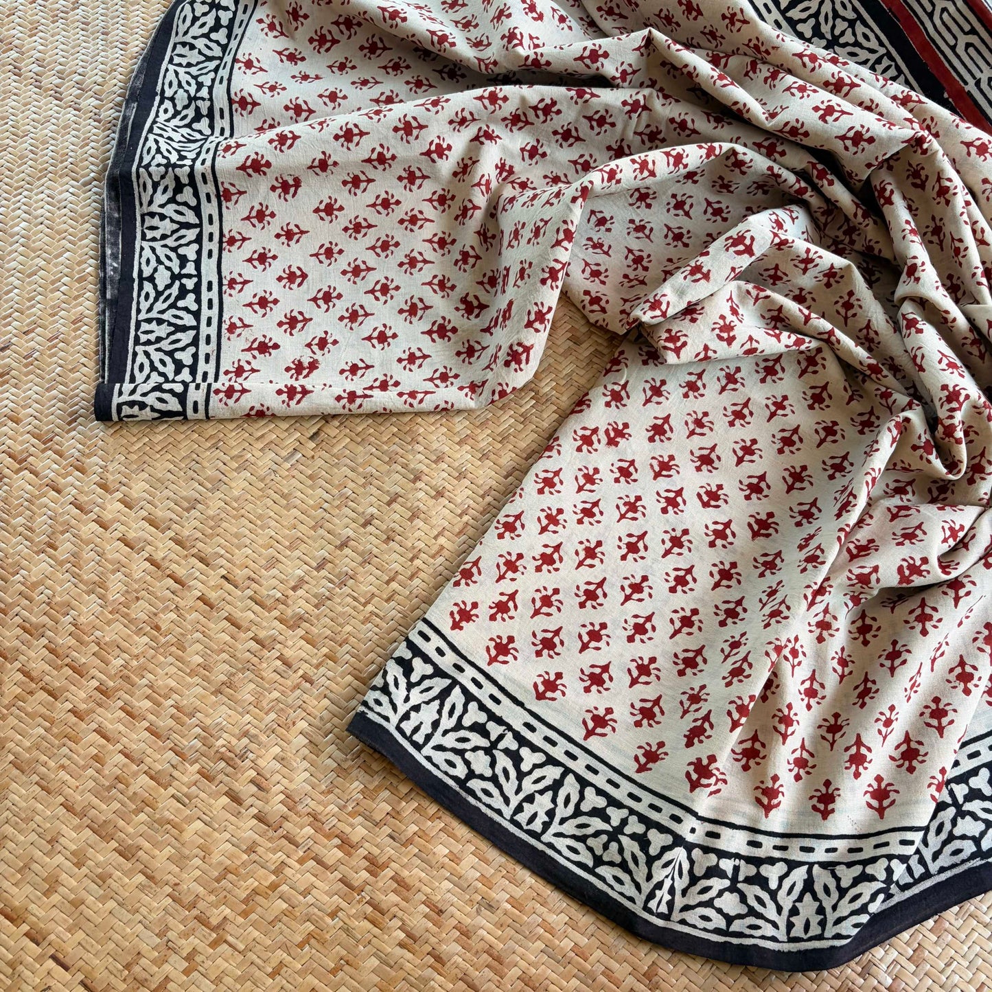 Mul Mul Cotton saree, Hand Block Printed, Beige