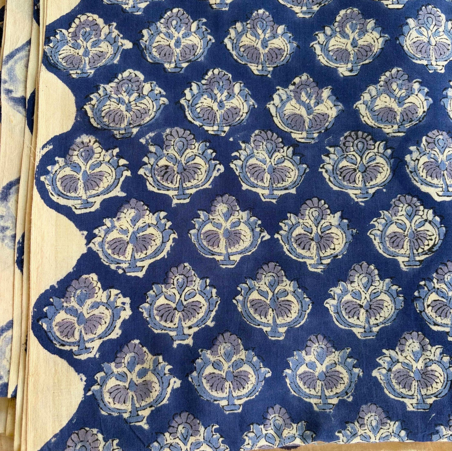 Hand Block Printed Sanganeri Cotton Running Fabric, Blue