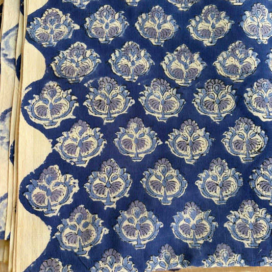 Hand Block Printed Sanganeri Cotton Running Fabric, Blue