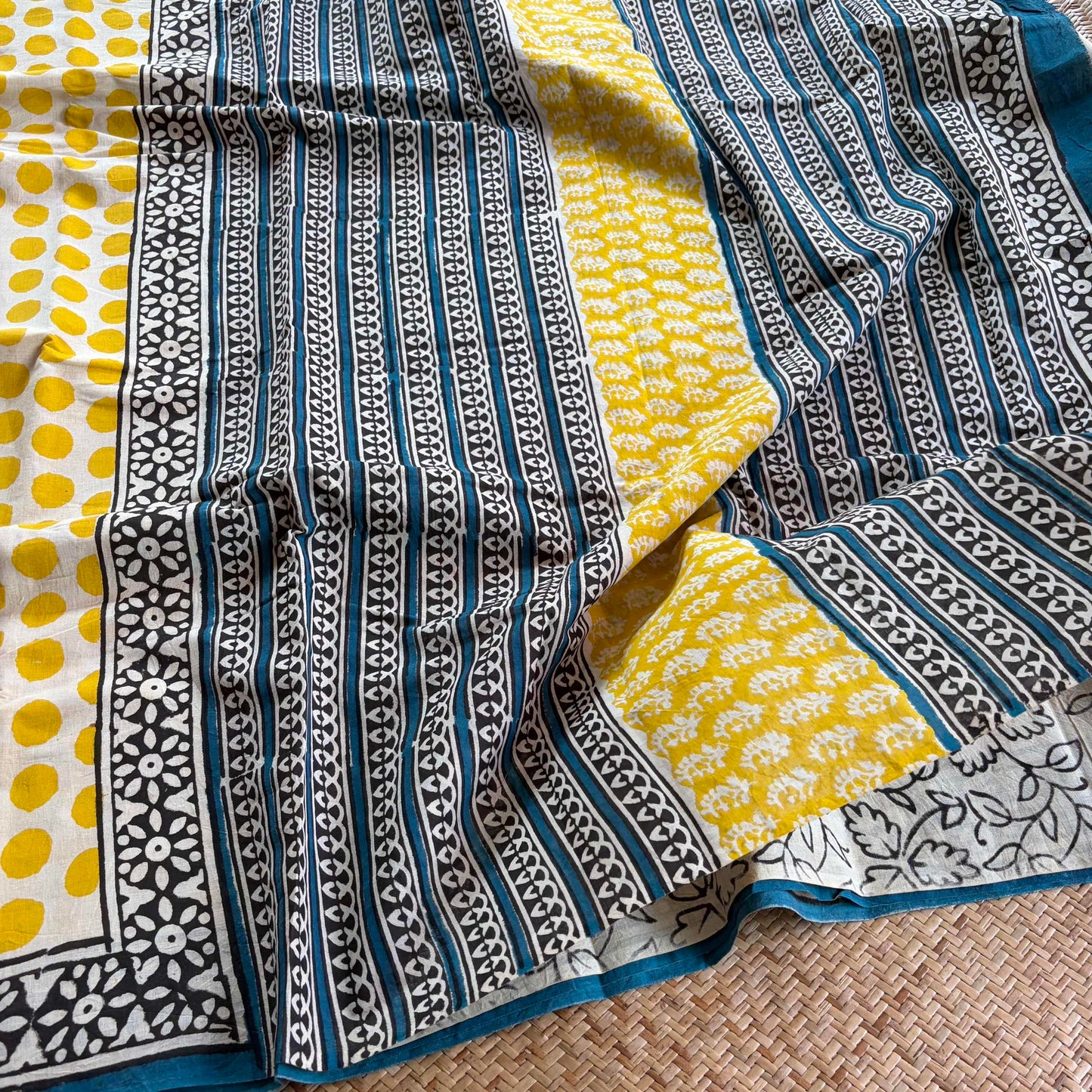 Mul Mul Cotton saree, Hand Block Printed, Yellow