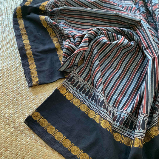 Black Stripes-Rudraksham, Ajrak Hand Block Printed On Madurai Cotton Saree With Zari