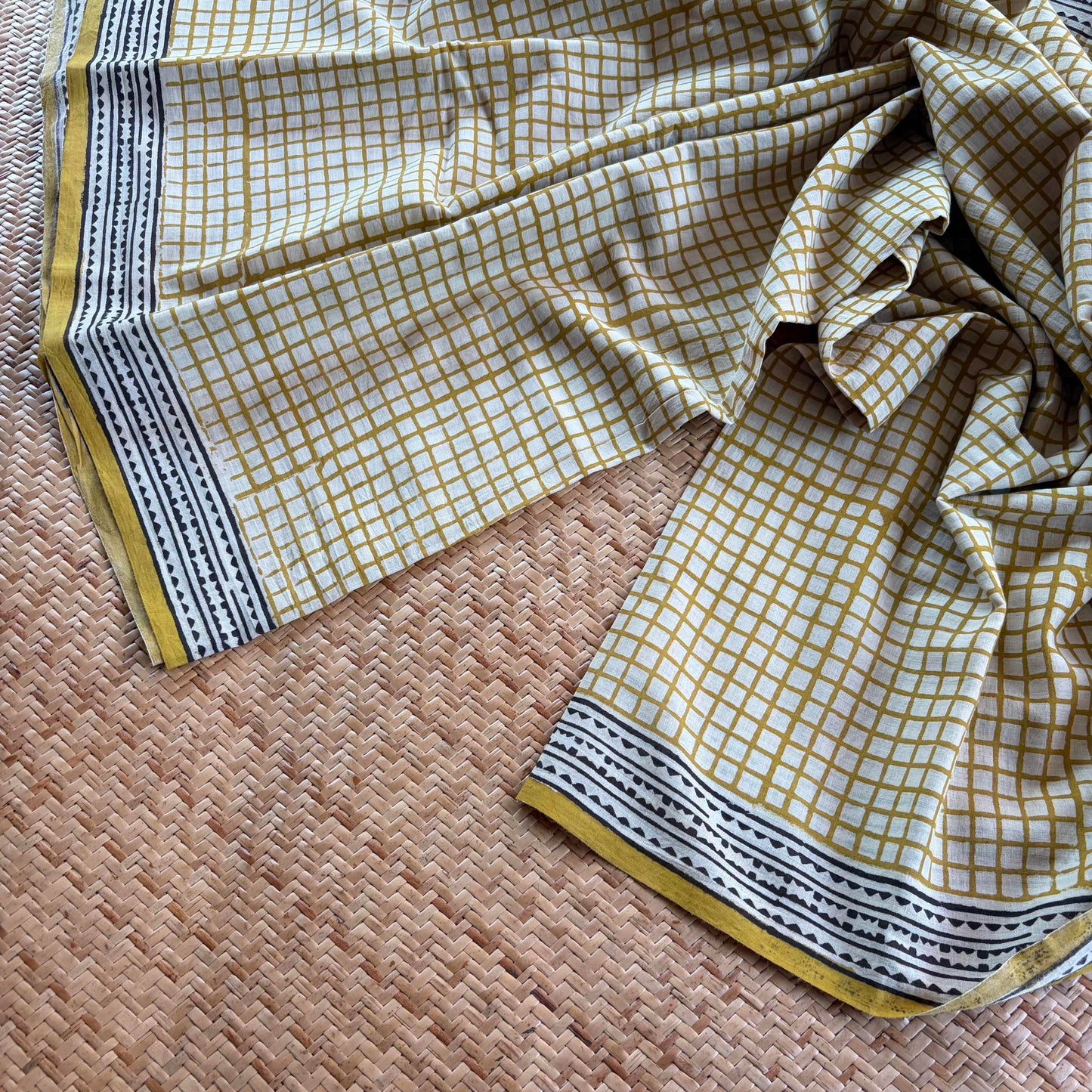 Mul Mul Cotton saree, Hand Block Printed, Mustard