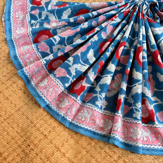 Mul Mul Cotton saree, Hand Block Printed, Blue