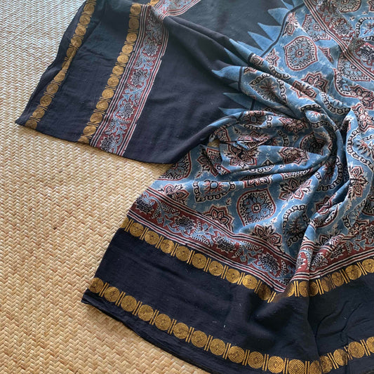 Denim Blue, Ajrak Hand Block Printed On Madurai Cotton Saree With Zari