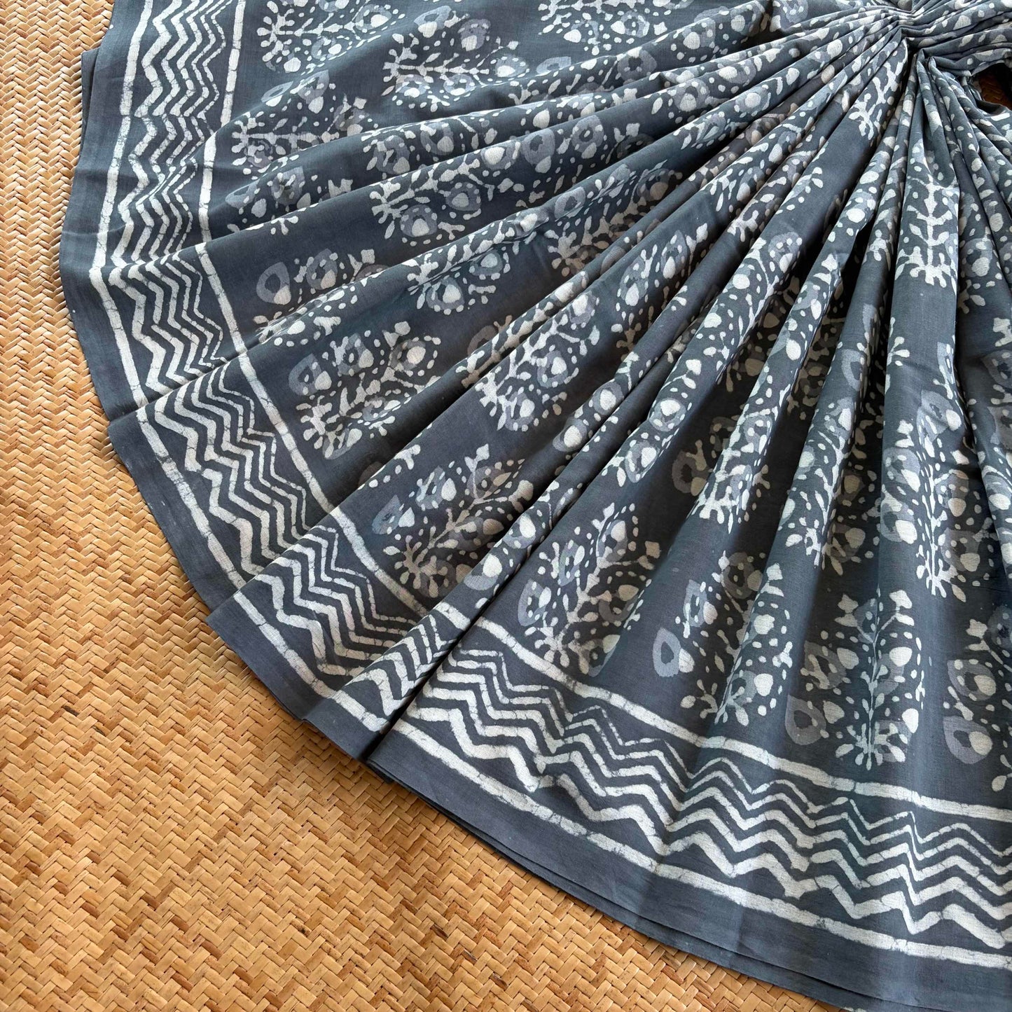 Mul Mul Cotton saree, Hand Block Printed, Grey