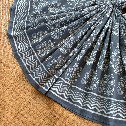 Mul Mul Cotton saree, Hand Block Printed, Grey