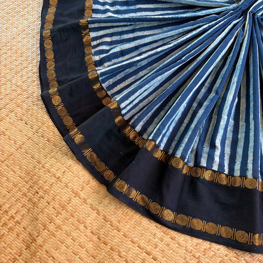 Strips Indigo, Ajrak Hand Block Printed On Madurai Cotton Saree With Zari