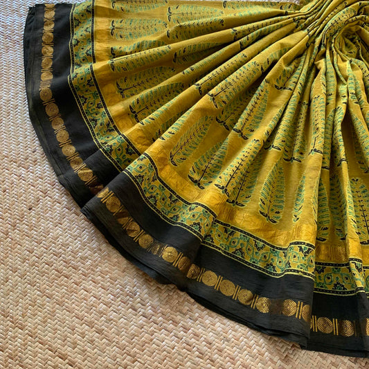 Pine cone- Mustard , Ajrak Hand Block Printed On Madurai Cotton Saree With Zari