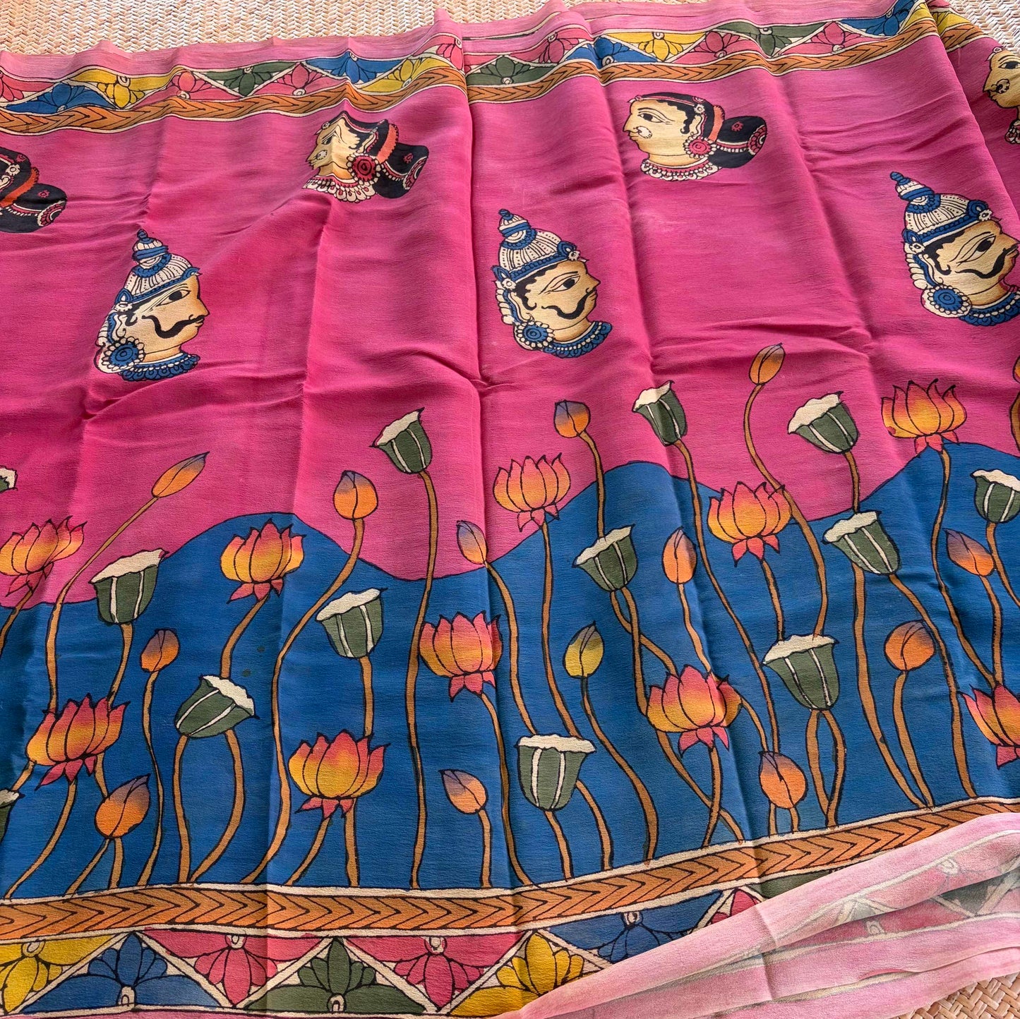 Multicoloured Kalamkari Hand Painted on Crape silk